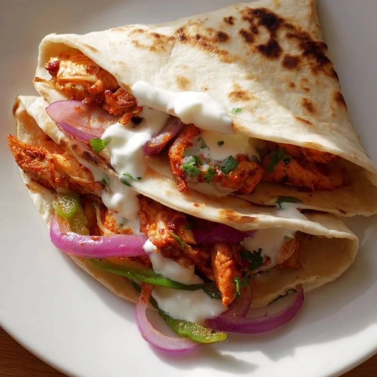 Crispy tortilla wraps hold savory Tandoori Chicken Quesadilla, filled with cheese and vibrant vegetables.