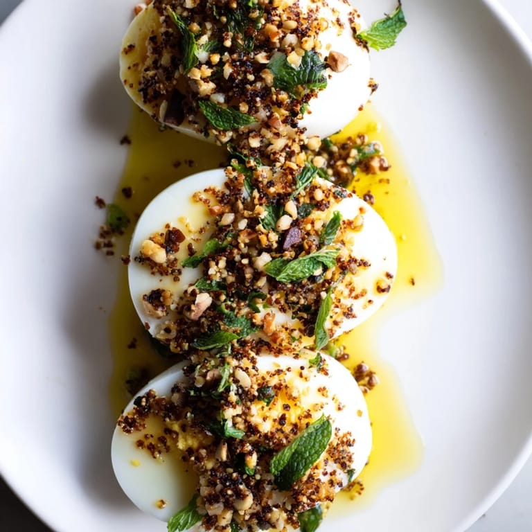 Vibrant image of Dukkah-Spiced Eggs, showcasing golden yolks and a fragrant spice topping alongside fresh pita.