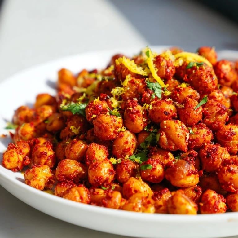 Spicy, oven-roasted Harissa Chickpea Roast, ideal for topping salads or enjoying as a vegan appetizer.