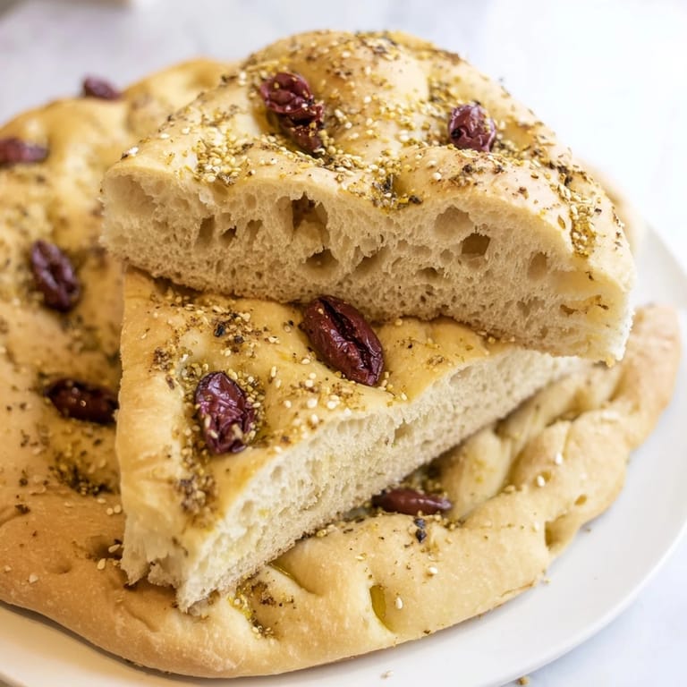 A close-up of freshly baked Zaatar Olive Focaccia, fragrant with herbs and drizzled with olive oil.