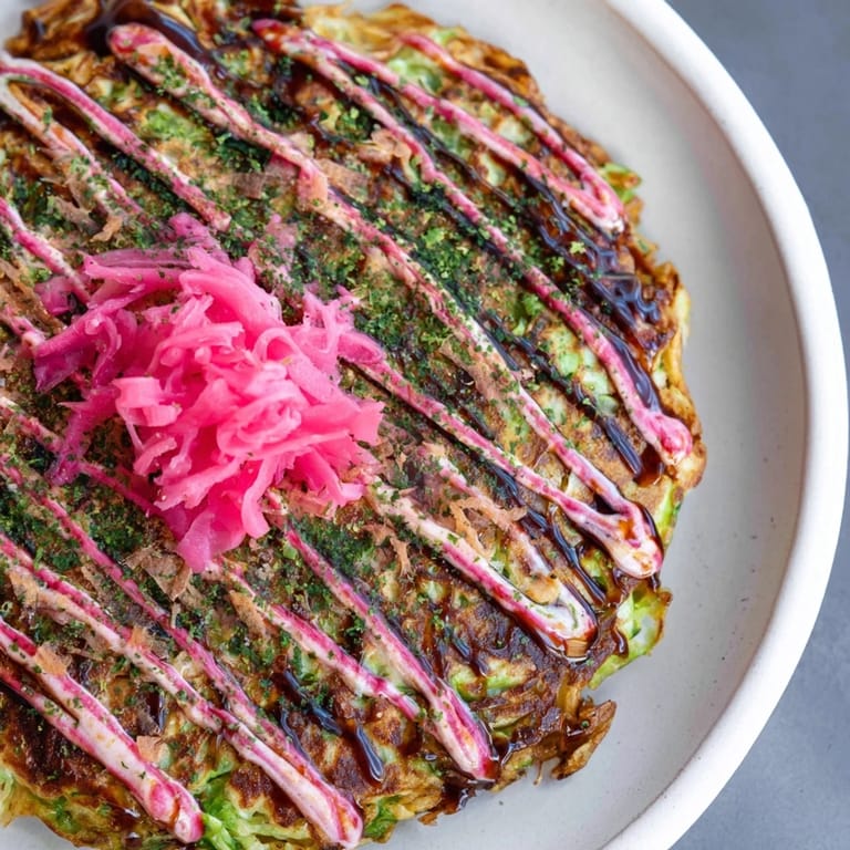 Savory Japanese street food pancakes served with pickled ginger and vibrant garnishes.