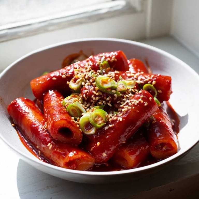 A close-up view of tender rice cakes simmering in a glossy red chili sauce, garnished with sliced green onions for a bright, savory Korean meal.