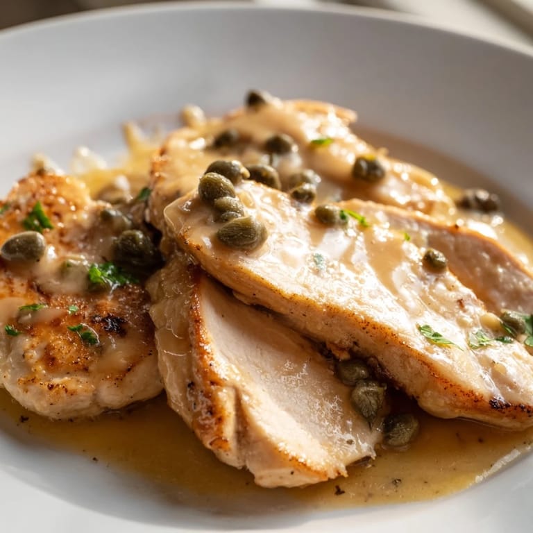 Juicy chicken piccata simmering in a rich, creamy lemon and caper sauce, garnished with fresh parsley and ready to serve.