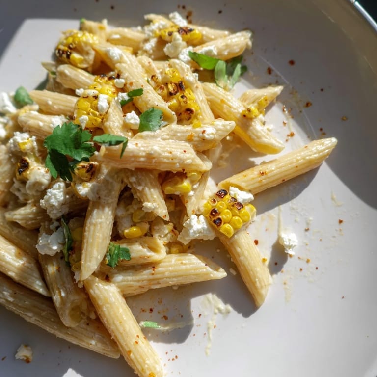 A vibrant bowl of Mexican Street Corn Pasta garnished with lime wedges, cotija, cilantro, and a light dusting of chili powder.