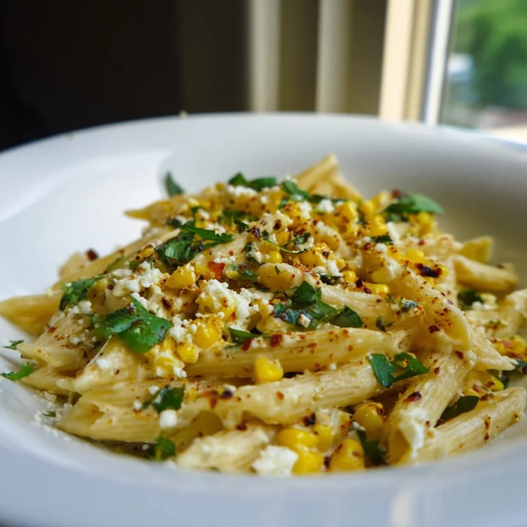 A skillet of steaming Mexican Street Corn Pasta with sweet corn and a creamy, tangy sauce perfect for weeknight dinners.
