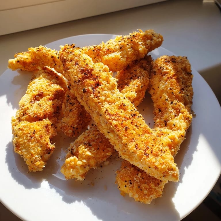 A close-up view of juicy Crispy Fried Chicken Tenders fresh from the fryer, steam rising from the golden, crunchy exterior that encases tender, flavorful white meat inside.
