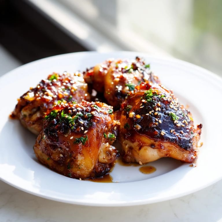 Honey Garlic Glazed Chicken served over steamed rice with fresh parsley and sesame seeds.  