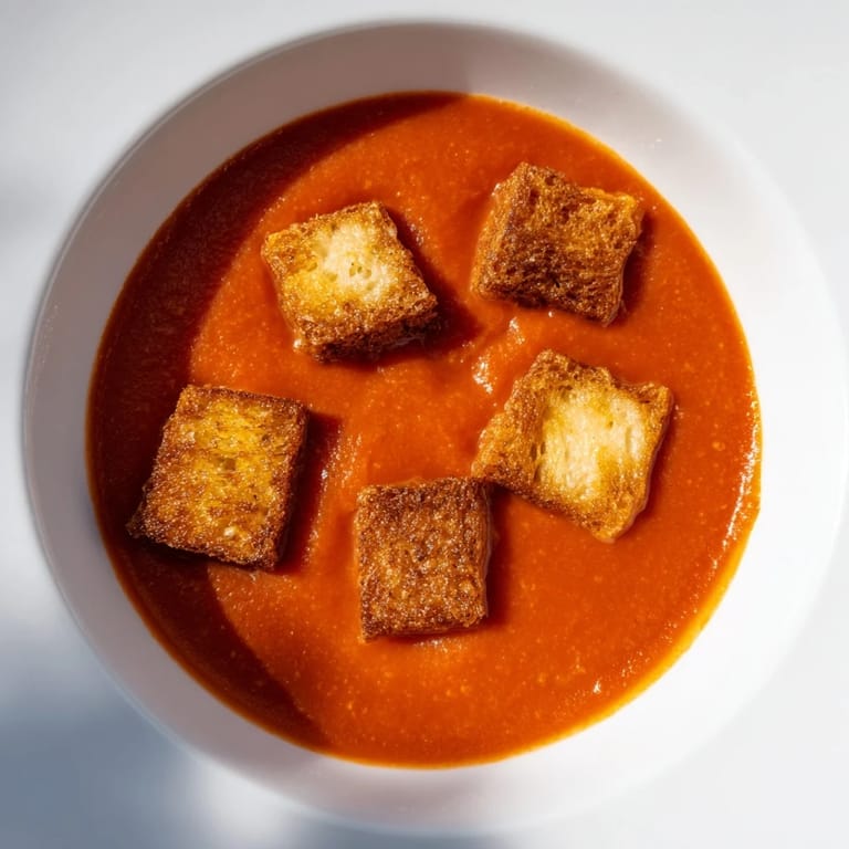 Velvety roasted tomato soup topped with crispy grilled cheese croutons, ready to serve on a cozy kitchen counter.