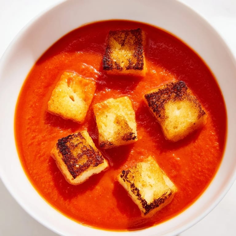 Roasted tomato soup with grilled cheese croutons beside grilled cheese sandwich halves and ripe tomatoes on a wooden table.