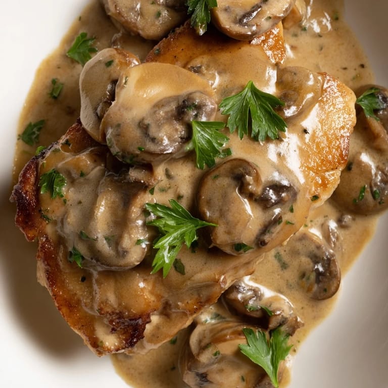 A close-up view of creamy Chicken Marsala with al dente pasta, garnished with fresh parsley and freshly grated Parmesan cheese for a savory finish.