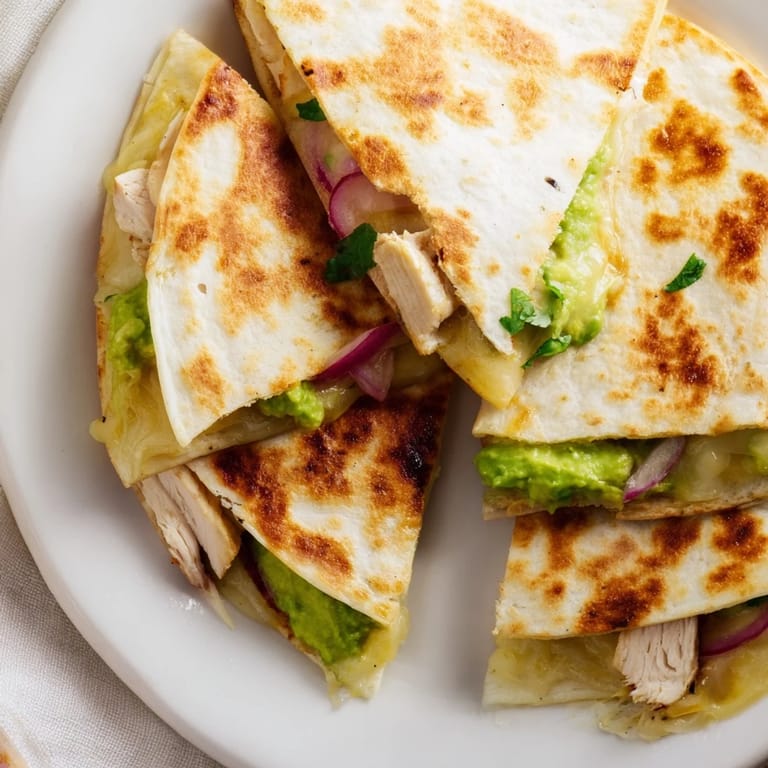 Fresh cilantro garnishes a sliced Chicken Avocado Quesadilla served beside a small bowl of salsa.