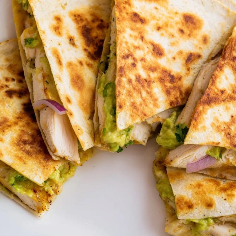 Sizzling Chicken Avocado Quesadilla cooking in a skillet, featuring grilled chicken, red onion, and gooey Monterey Jack.