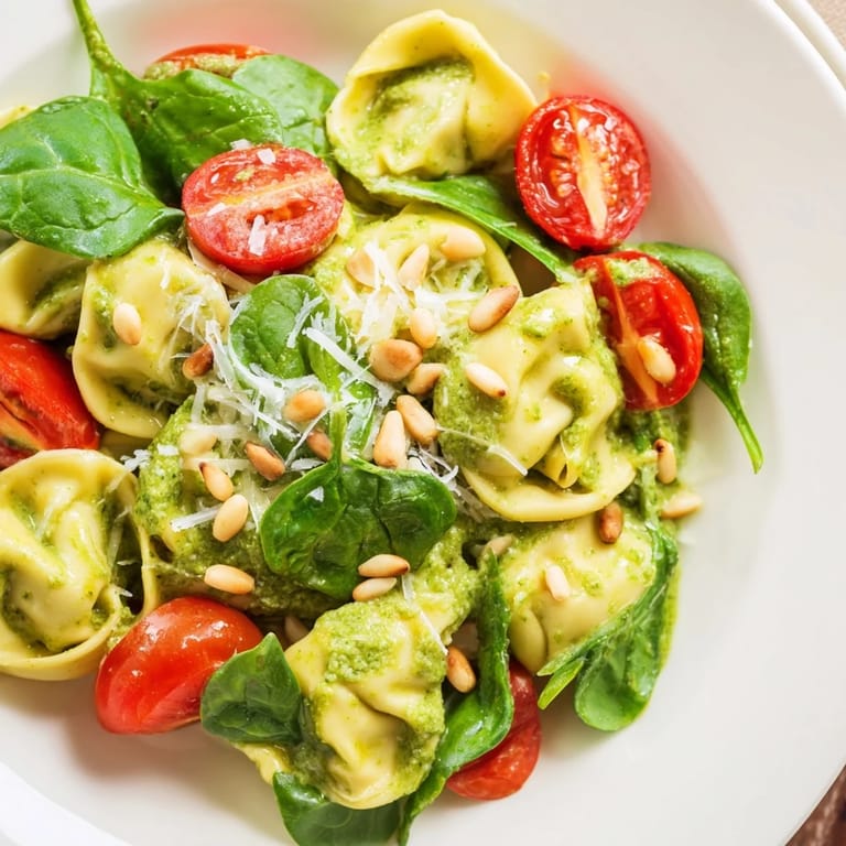 Bright Pesto Tortellini Salad served chilled in a white bowl, showcasing glistening basil pesto dressing and colorful vegetables.  