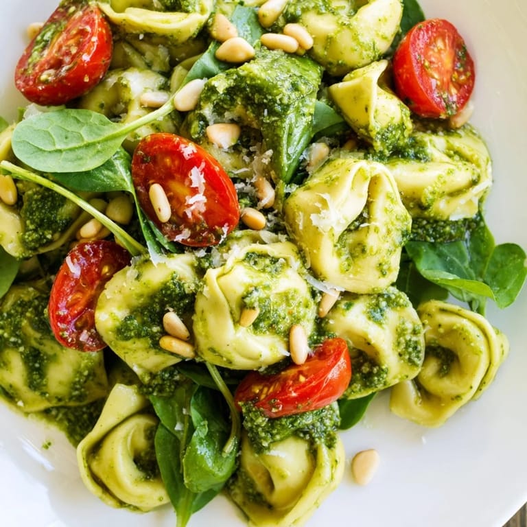 Overhead view of Pesto Tortellini Salad tossed with tortellini, spinach, and tomatoes, garnished with grated Parmesan for a summer potluck.
