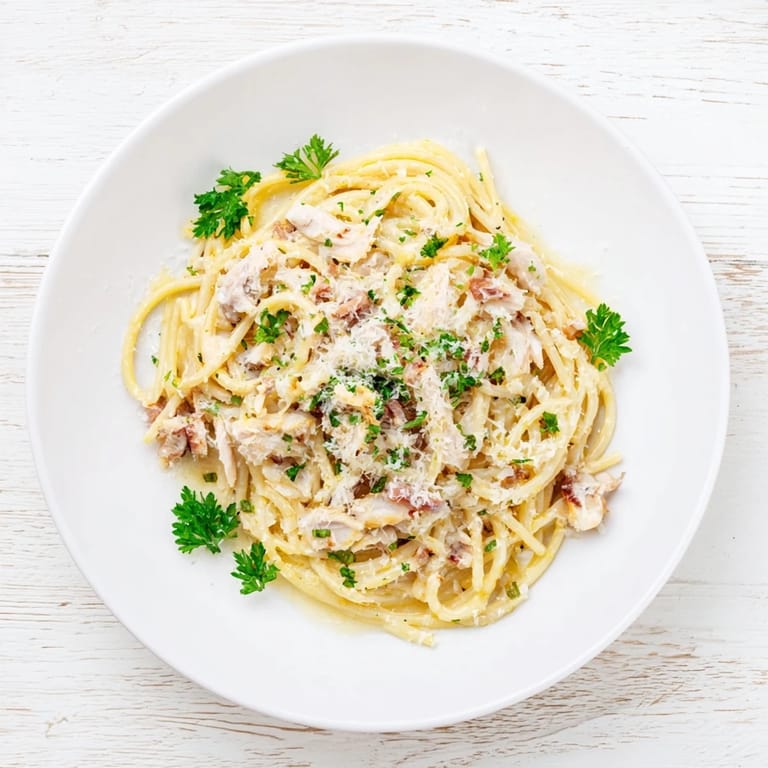 Steaming plate of Chicken Carbonara served with extra Parmesan and a side salad, perfect for an Italian-inspired dinner.
