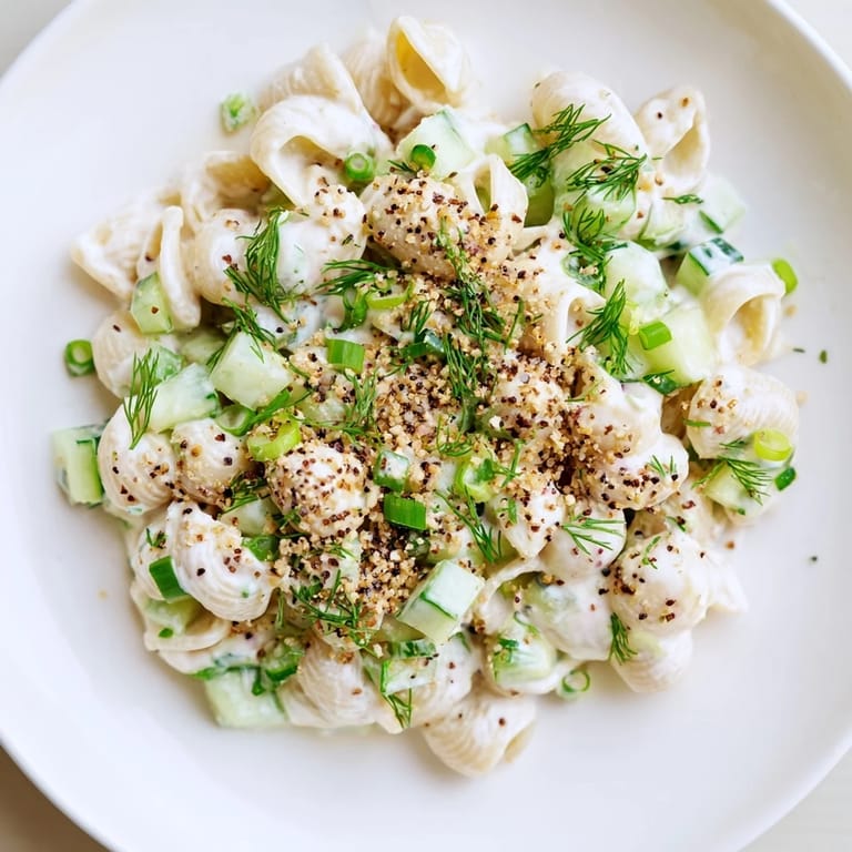 Cold Cucumber Crunch Pasta Salad garnished with fresh dill, ready for a summer picnic or backyard barbecue spread.