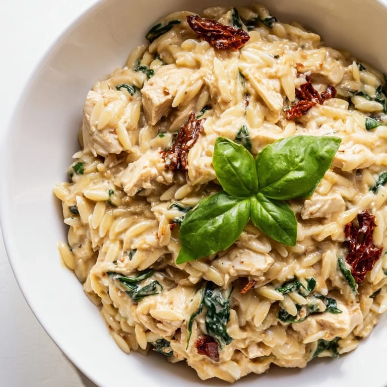 Golden-brown chicken pieces nestled in a bowl of Tuscan Chicken Orzo, garnished with fresh basil.