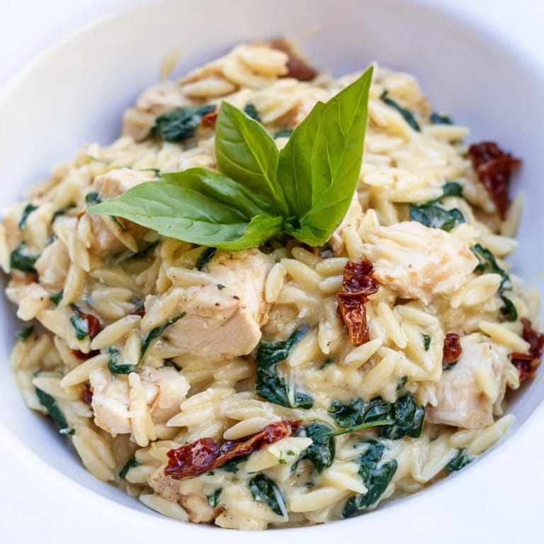 One-pan Tuscan Chicken Orzo with tender orzo pasta, garlic, and melted Parmesan cheese, ready to serve.