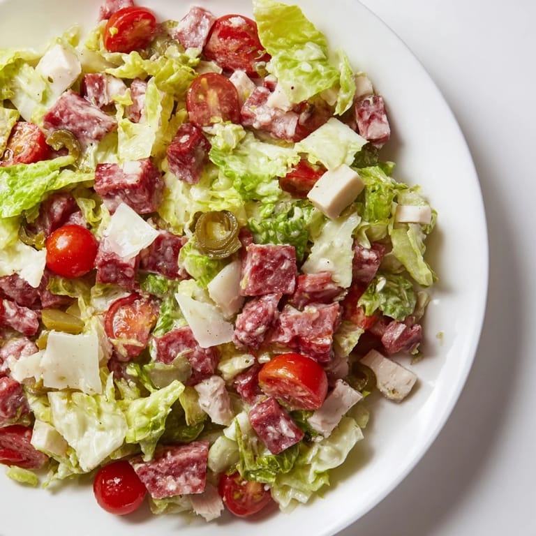 Vibrant Italian Deli Chopped Chicken Salad served in a white bowl, garnished with fresh herbs and ripe cherry tomatoes.