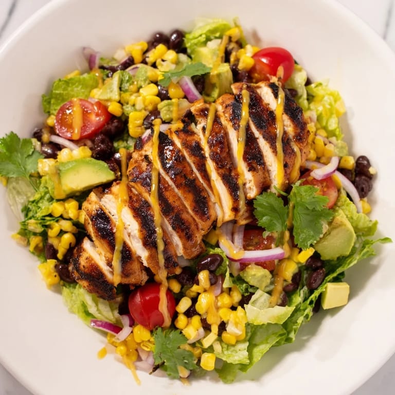 A colorful bowl of honey lime chicken taco salad, featuring juicy grilled chicken, fresh veggies, and crunchy tortilla strips.  
