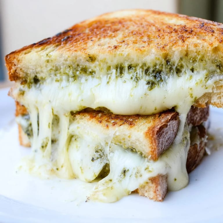 Thick-cut sourdough pesto grilled cheese on a plate with a bowl of tomato soup for a cozy lunch.