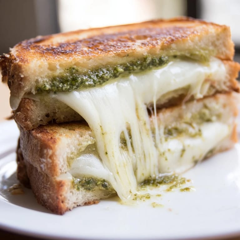 Close-up of a sourdough pesto grilled cheese, highlighting golden-brown crust and melted cheese blend between the slices.