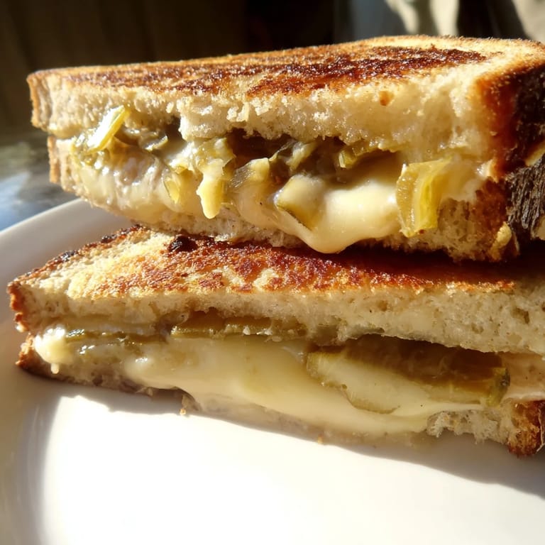 Hot skillet with a sizzling Jalapeño Pepper Jack Grilled Cheese, featuring golden crust, melted cheese, and vibrant green jalapeño slices.