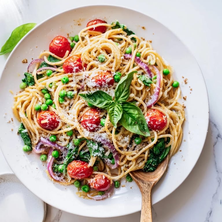 A vibrant pan of Spring Veggie One-Pot Spaghetti features halved cherry tomatoes, garlic, and melty Parmesan ready to serve.