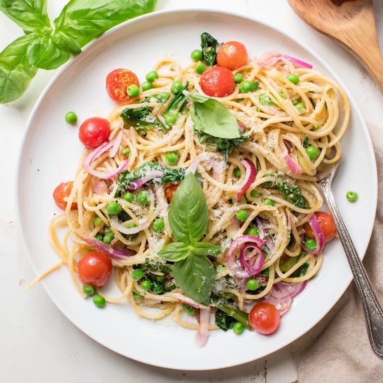 Garnished with fresh basil and lemon zest, this Spring Veggie One-Pot Spaghetti simmers in a savory vegetable broth for a quick meal.