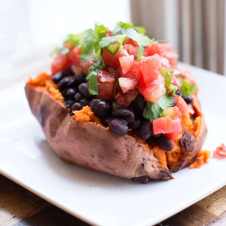 Freshly chopped tomato salsa adds a zesty finish to this fiber-rich, vegetarian dinner.