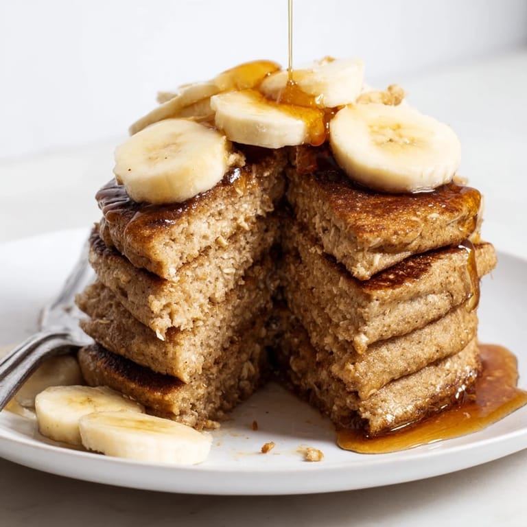 A close-up view of fluffy banana oat pancakes cooking on a griddle, showing bubbles forming on the batter's surface.