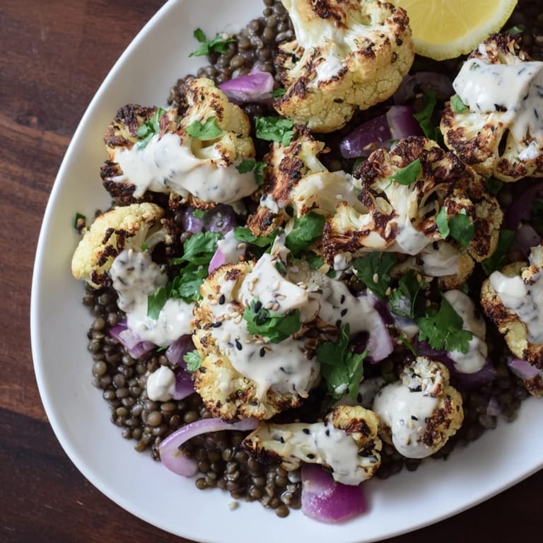 A close-up of the vegetarian, gluten-free Mediterranean-inspired dish shows the rich tahini sauce, toasted sesame seeds, and bright lemon wedges for squeezing.