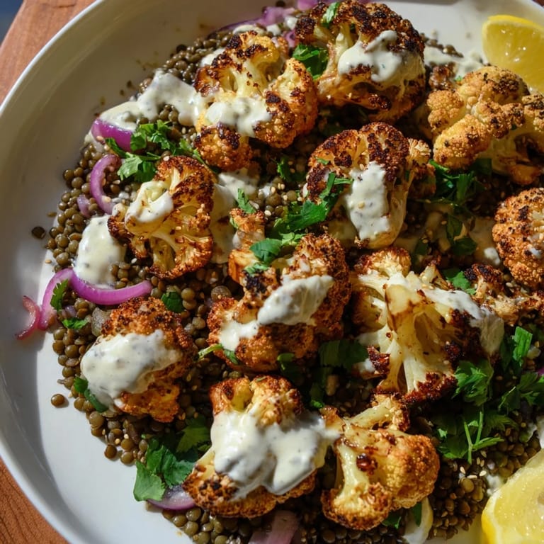 This easy main dish features golden cauliflower, zesty lentils, and a smooth yogurt tahini drizzle, garnished with fresh cilantro and ready to serve.