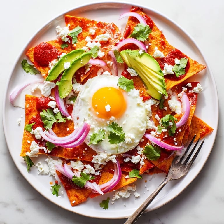 A close-up of savory chilaquiles, featuring golden tortilla chips drenched in homemade red salsa, crowned with a perfectly fried egg, sour cream drizzle, and sliced red onion for added crunch.