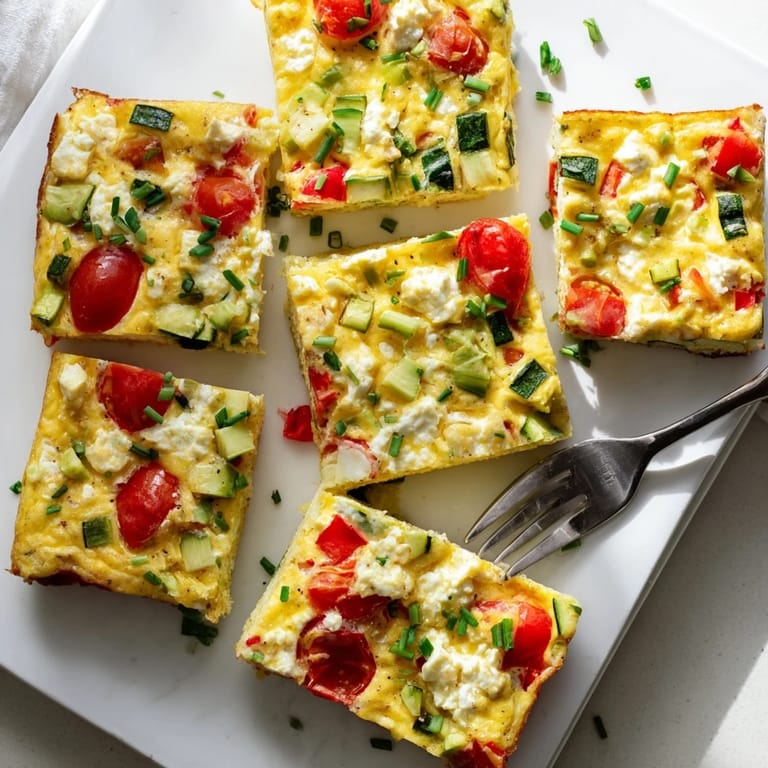High-protein sheet pan eggs with cottage cheese and veggies, lightly golden and topped with fresh chives.  