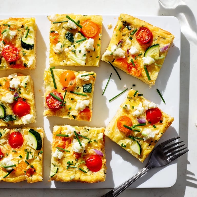 A square slice of High-Protein Sheet Pan Eggs With Cottage Cheese and Veggies, ideal for easy meal prep.