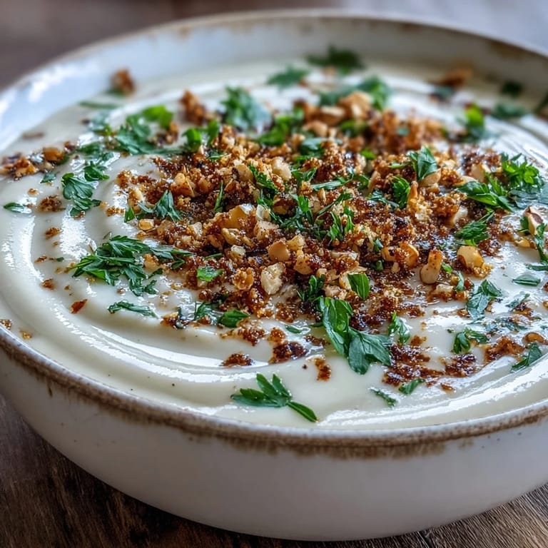 Golden Celeriac Soup With Hazelnut Crumble topped with toasted nuts, ready to serve alongside crusty bread and a glass of white wine.