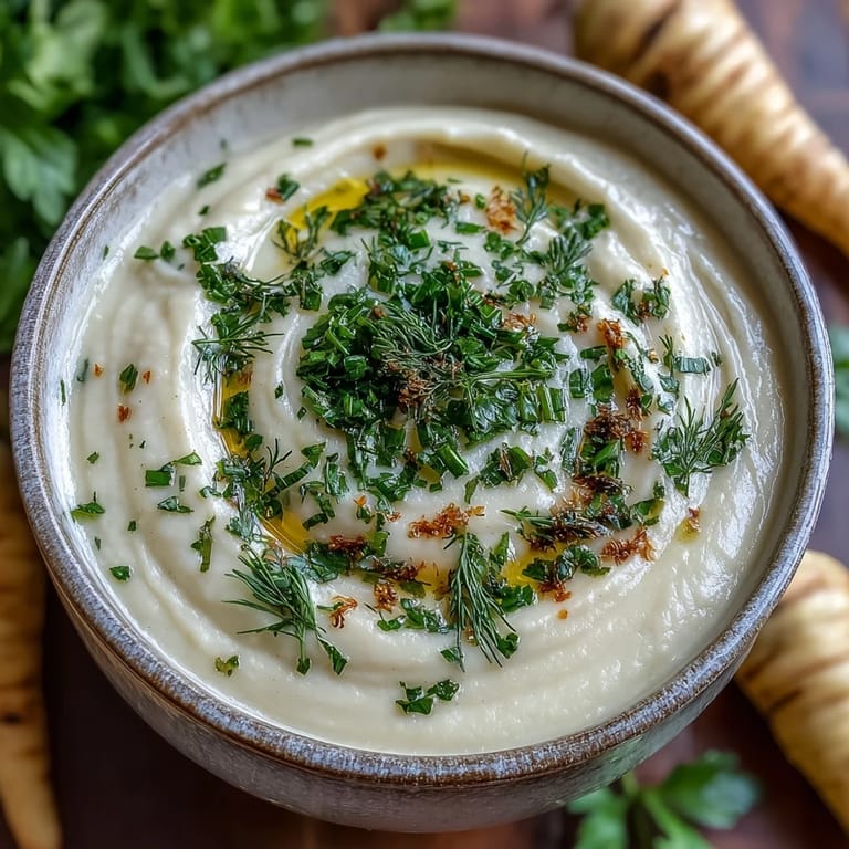 Golden roasted vegetables simmer into Parsnip and Herb Soup, finished with dill, parsley, and a drizzle of olive oil.