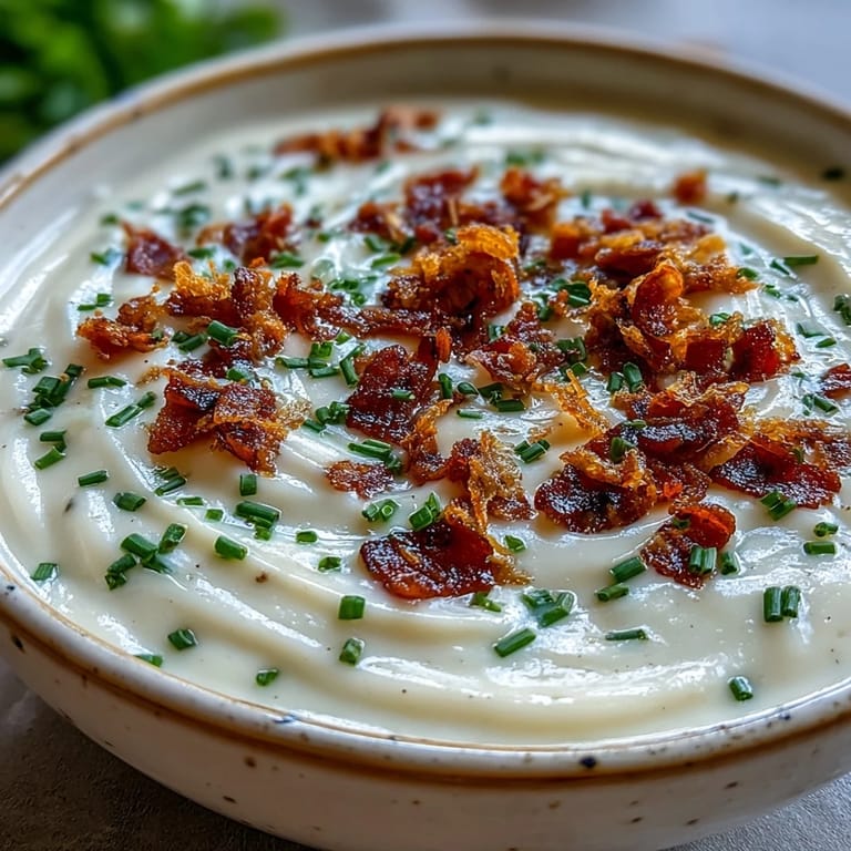 Garnished bowl of Creamy Celeriac Soup with Crispy Bacon, featuring a drizzle of cream and fresh parsley on top.