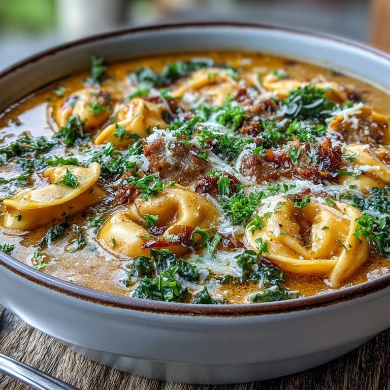 Savory Pumpkin Tortellini Soup steaming in a white bowl with chicken sausage slices and tender kale ribbons.