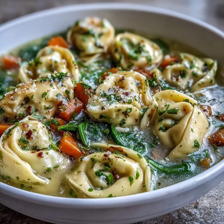 Easy Tortellini Soup with Chicken Broth served in a white bowl with spinach and a slice of crusty bread.