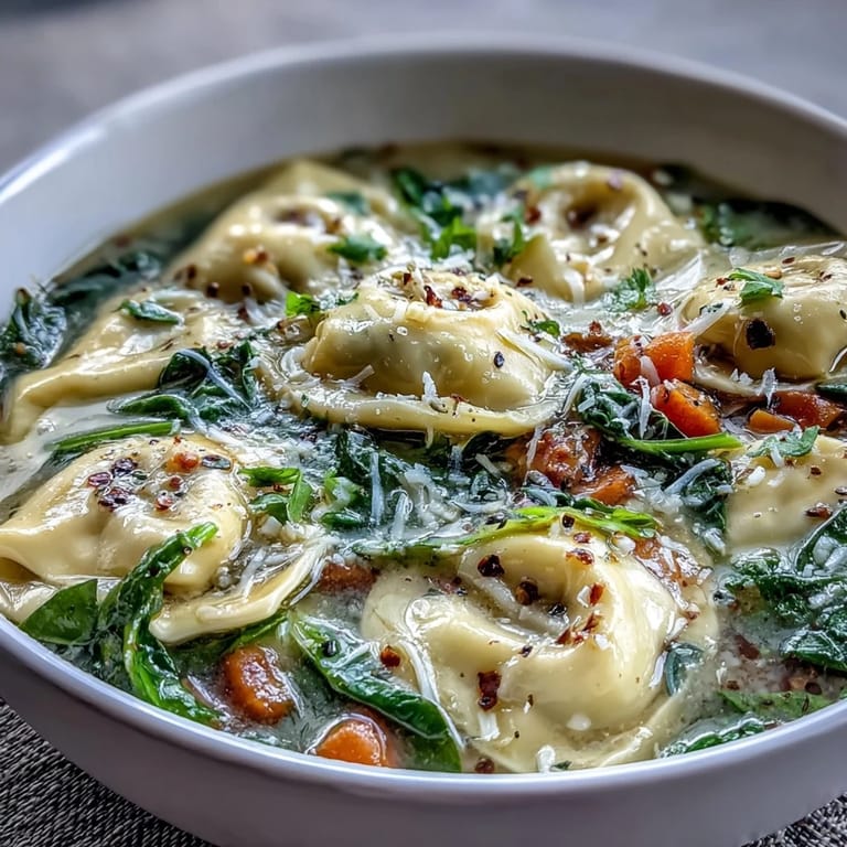 A spoon dips into Easy Tortellini Soup with Chicken Broth next to fresh parsley and red pepper flakes.