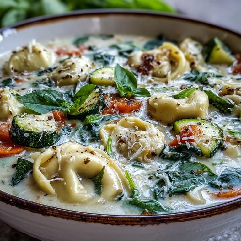 Close-up of Creamy Vegetable Tortellini Soup featuring spooned cheese tortellini, vibrant diced vegetables, and a swirl of heavy cream in a rustic pot.
