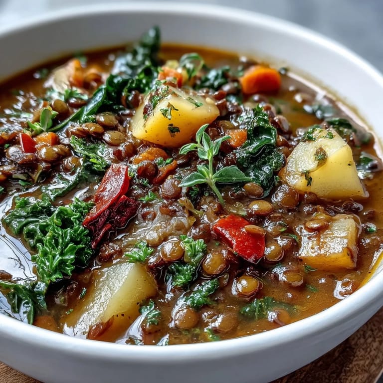 Close-up of a spoon dipping into a rustic pot of Vegetarian Lentil Stew, highlighting the thick texture and vibrant vegetable chunks.