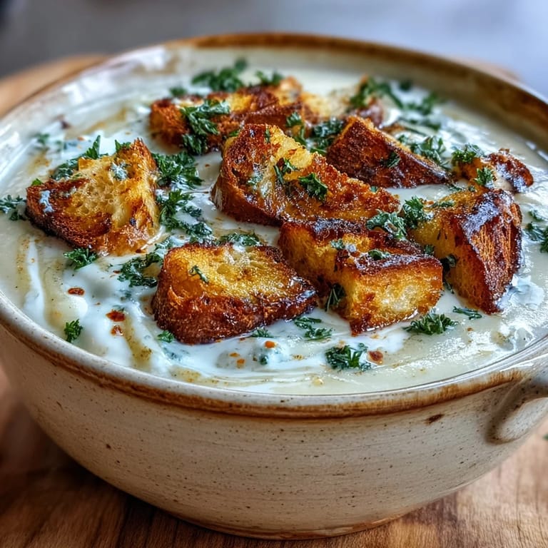 Velvety Roasted Garlic Soup in a rustic bowl, topped with olive oil and a sprig of thyme.