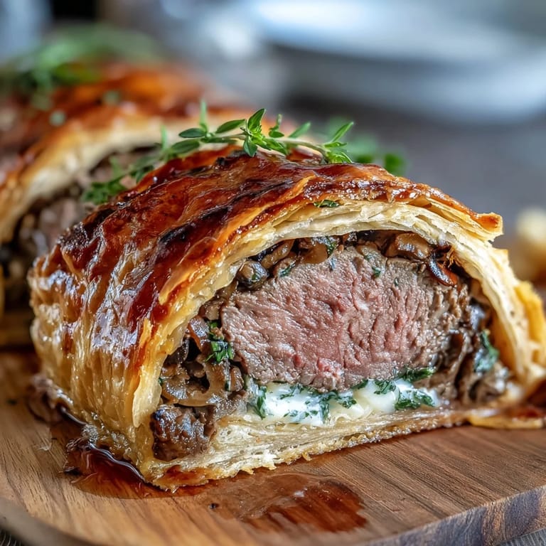 Perfectly baked Beef Wellington with a crisp crust, served with red wine sauce and fresh herbs.