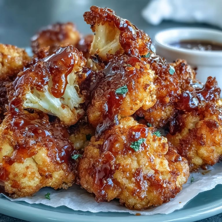 Freshly baked Crunchy Baked Hot Honey Cauliflower served on a plate, garnished with herbs and red pepper flakes.