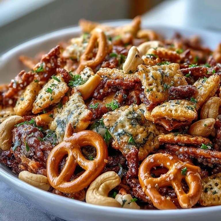 A close-up view of Everything Ranch Cheese and Pretzel Snack Mix, highlighting the textured everything bagel seasoning and melted cheese bits on a dark serving platter.
