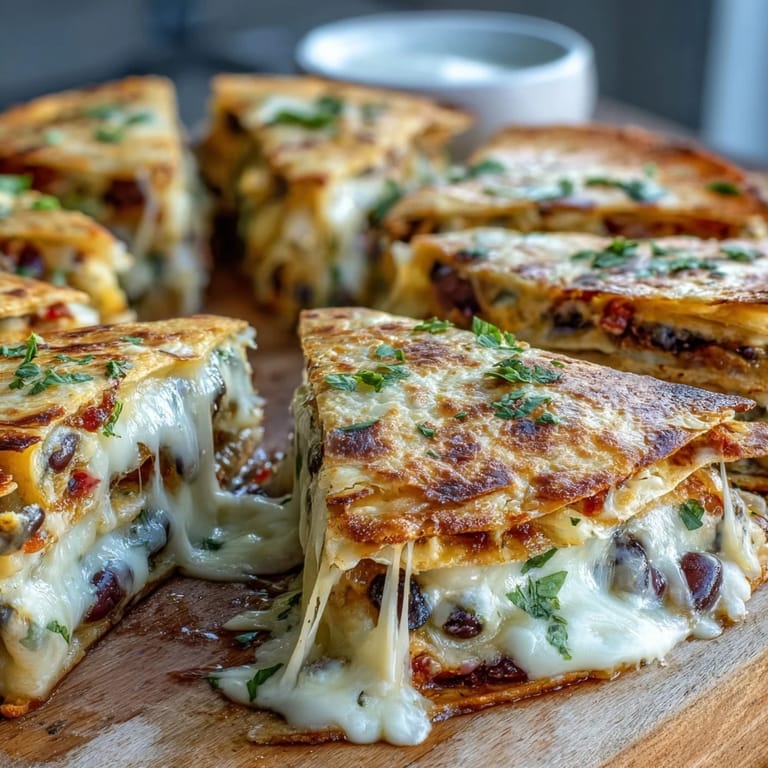Close-up on a Blooming Quesadilla Ring revealing crisp tortilla edges and a spicy black bean and cheese filling.