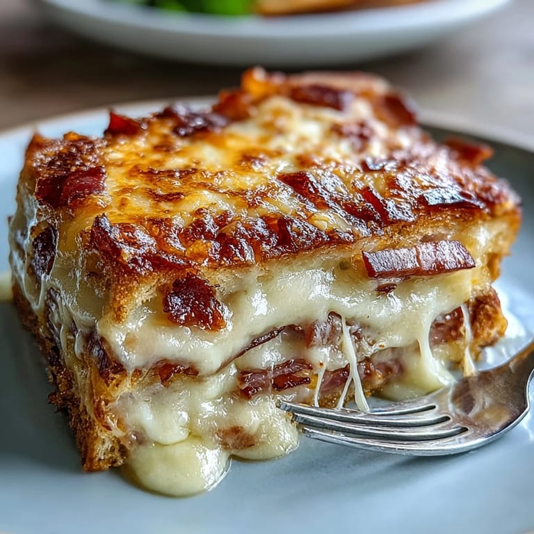 Freshly baked Croque Monsieur Casserole served with a crisp green salad for a delicious brunch.